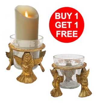 BR24031X - Brass Angel Stand Crackle Glass Container